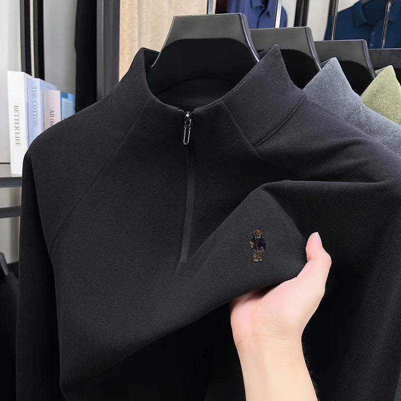 High Quality Man Long-Sleeved T-Shirt Half-Zip Mock Neck Bear Print Spring Hot-Selling Long Sleeves Trend Leisure Men's Clothing