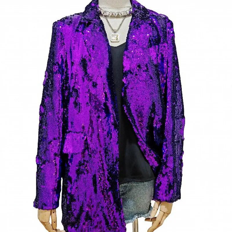 Women's Purple Cardigan with Circular Sequin Embellishments, Perfect for Nightclubs, Weddings, Parties, and Stage Performances.