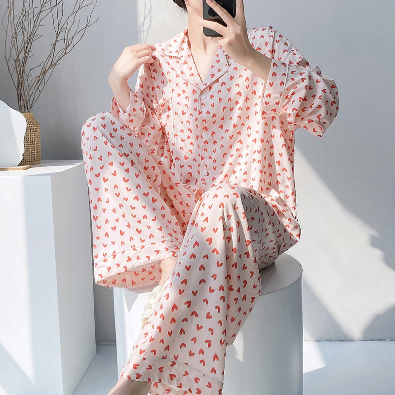 Viscose Loungewear 2 Piece Long Sleeve Top Pants Sleepwear Retro Floral Pajama Set For Women Autumn Soft Women's Home Nightwear