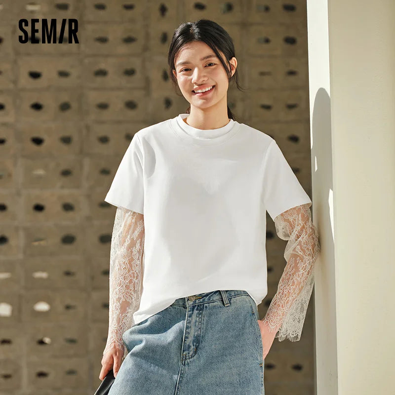 Semir Women Tshirt Solid Color Slim Fit Crew Neck Short Sleeve Summer 2026 Versatile Casual Everyday Fashion Top