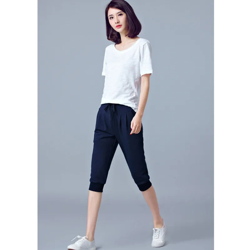 Women Blue High-waisted Stretch Cropped Pants, Summer Gray Lightweight Athletic Harem Pants, Black Drawstring Shorts, Asian Size