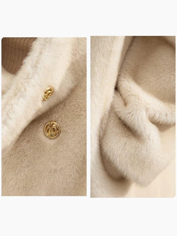 AMII Minimalism 2026 Winter New Warm Modern Turtleneck Double Breasted Imitation Mink Eco-friendly Fur Lady Fleece Coat 12424006