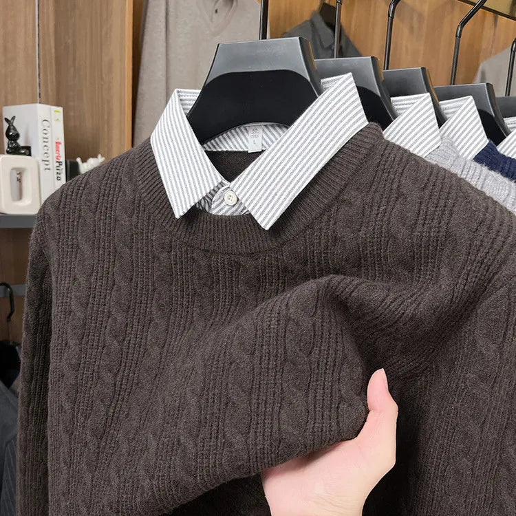 Men's Cable Knit Sweater, Faux Two-Layer Shirt Collar, 550g Wool Blend, 7 Colors Business Casual Knitted Pullover Sweater