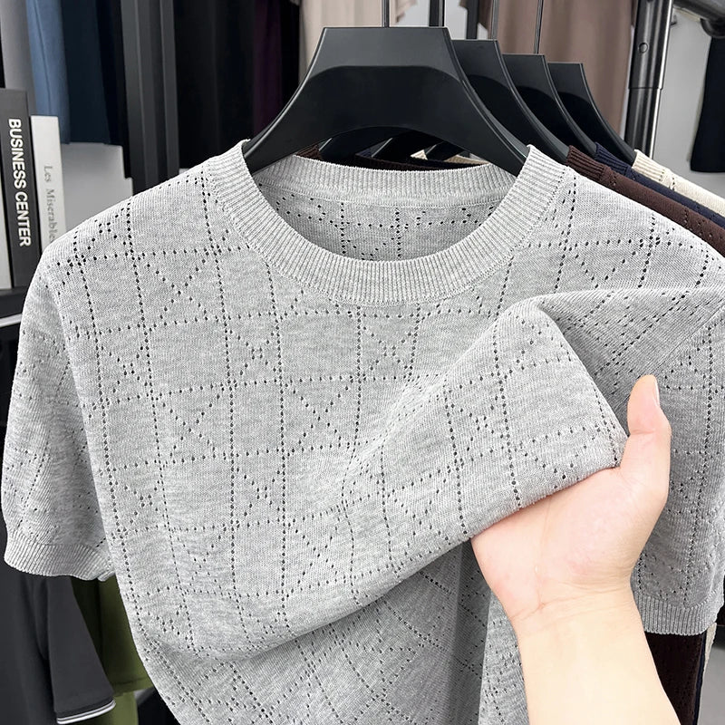 Hot-Selling Man Short-Sleeved Knit T-Shirt Crew Neck Solid Color Argyle Casual Ventilate Trend Versatile British Style Men's Wea
