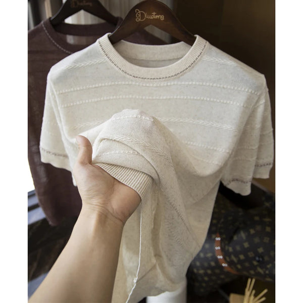 Men Two-Tone Linen Blend Knit T-Shirt – Summer Breathable Textured Short Sleeve Tee with Crew Neck  Casual & Smart Casual Wear