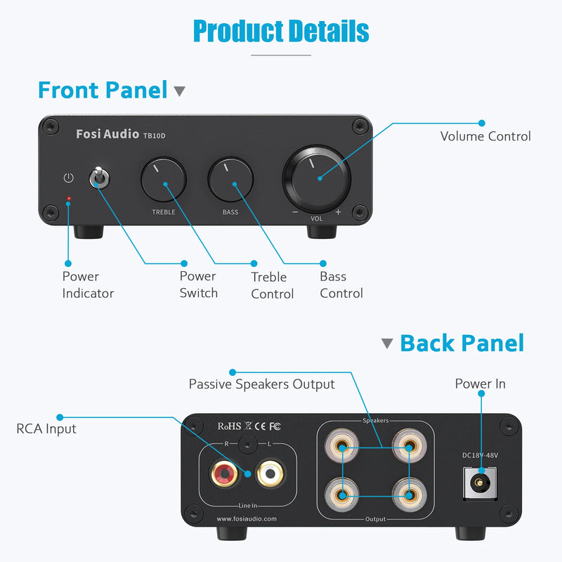 ឧបករណ៍ពង្រីកសំឡេង Fosi Audio TB10D HiFi Power Amplifier 300Wx2 TPA3255 Class D Stereo Amp ជាមួយនឹង Treble Bass សម្រាប់ឧបករណ៍បំពងសំឡេងនៅផ្ទះ