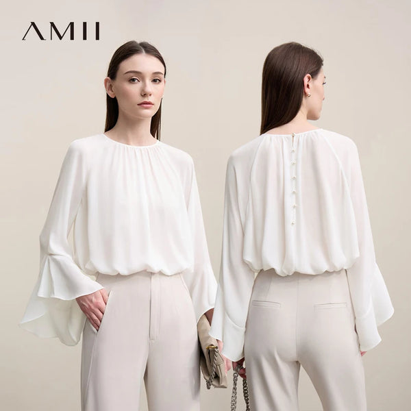 អាវស្រី Amii រដូវស្លឹកឈើជ្រុះឆ្នាំ ២០២៦ អាវថ្មីក O-Neck ដៃអាវ Raglan អាវ Chiffon ដៃវែងឆើតឆាយសម្រាប់ស្ត្រី 12621052