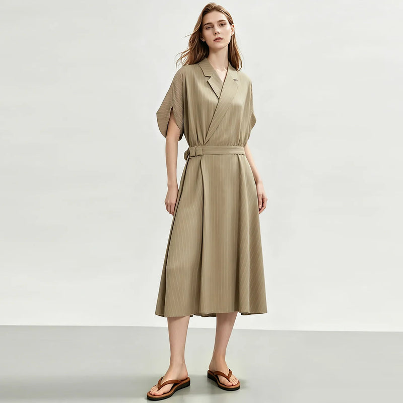Amii Striped Women's Dress 2026 Summer New Lapel Dolman Short Sleeve Waist Belt Office Casual Long Dress For Women 12652056
