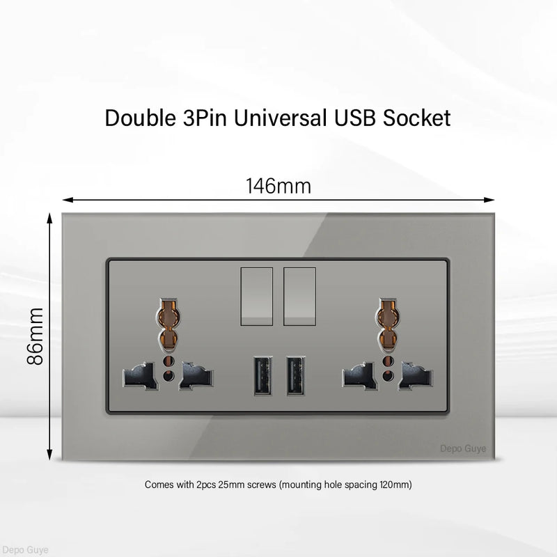 Grey UK 13A Tempered Glass USB Type C 18W Quick Charge Socket,Dual Universal Power Outlet,Home Light Electric Switch Panel
