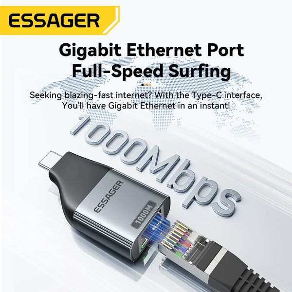 ឧបករណ៍ភ្ជាប់ Essager Type-C ទៅ Ethernet 100/1000Mbps Gigabit ល្បឿនលឿន RJ45 ទៅ Type-c សម្រាប់ MacBook Laptop កាតបណ្តាញមានខ្សែ