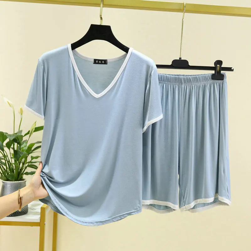 Summer Ensemble Femme 2 Pièces New Modal Short Sleeve Sleepwear Set V Neck T-Shirt Shorts Suit Casual Pajamas Women Nightwear