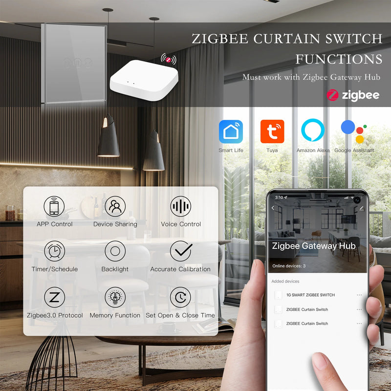 BSEED Zigbee Curtain Switch Wireless Smart Curtain Switch Tuya Google Home Alexa Voice Control Glass Panel 5A With Neutral