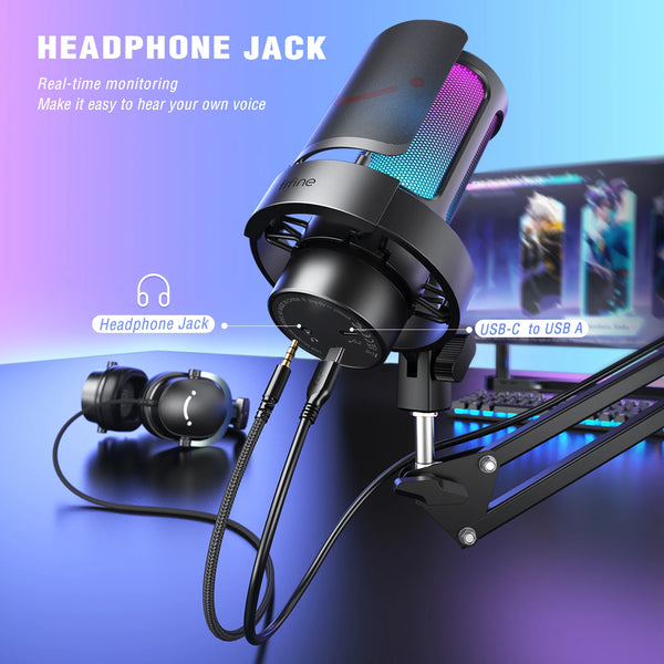 ឈុតមីក្រូហ្វូន USB FIFINE ជាមួយ Boom Arm និង Pop Filter សម្រាប់ថត និងផ្សាយលើ PC/Mac បិទសំឡេងរហ័ស និងរន្ធដោតកាស-A8T
