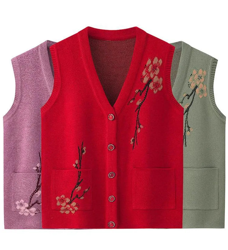 High Quality Grandma Vest Spring Autumn Knitted Sweater Jacket Women Cardigan Waistcoat Middle Aged Mother Winter Clothes