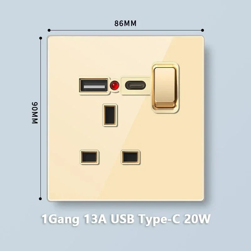 Deluxe Gold Tempered Glass Universal Dual power outlet,UK 13A Wall plug socket with 20W Fast charge,Home Electrical Light Switch