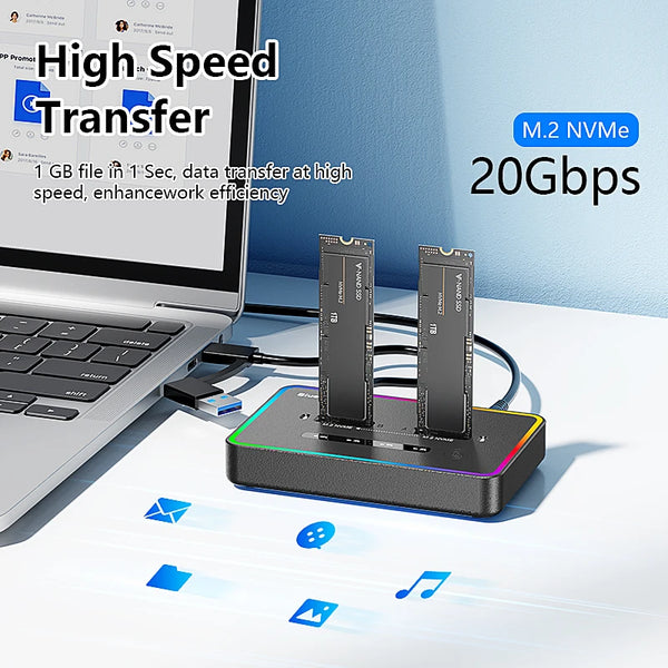 ស្ថានីយ៍ចតក្លូន SSD M.2 NVME ពីរជ្រុង Blueendless 20Gbps USB3.2 USB C ប្រភេទ C ឧបករណ៍ចម្លងក្លូនក្រៅបណ្តាញ NVme PCIE Enclosure