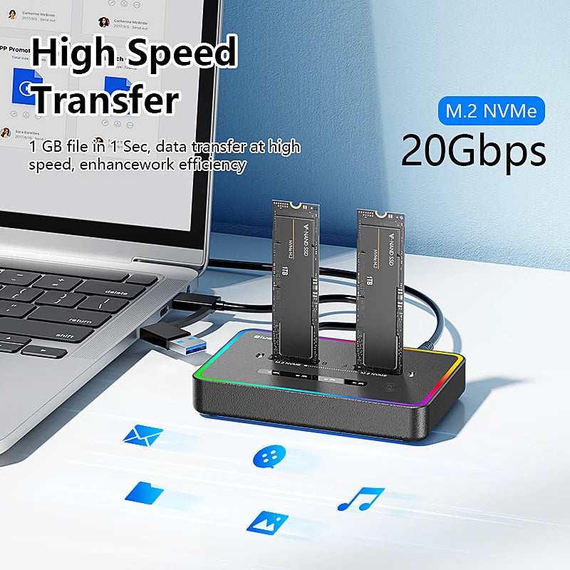 ស្ថានីយ៍ចតក្លូន SSD M.2 NVME ពីរជ្រុង Blueendless 20Gbps USB3.2 USB C ប្រភេទ C ឧបករណ៍ចម្លងក្លូនក្រៅបណ្តាញ NVme PCIE Enclosure