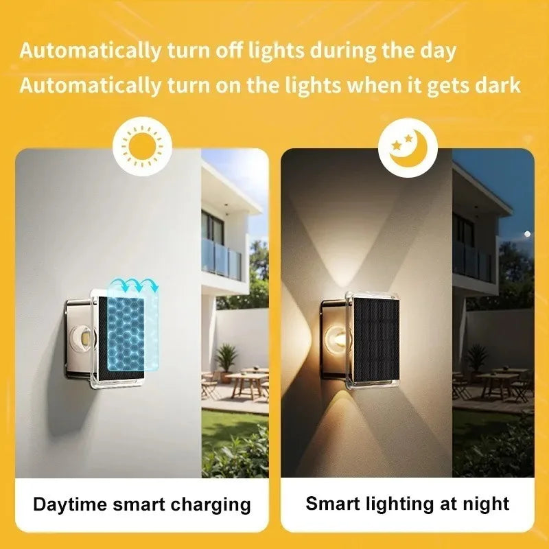 ភ្លើងជញ្ជាំង LED ដើរដោយថាមពលព្រះអាទិត្យ 4LED ក្តៅ/RGB ពហុពណ៌ ឡើងលើចុះក្រោម ភ្លើងជញ្ជាំង ចង្កៀងរបងការពារទឹកសម្រាប់សួនច្បារ ទីធ្លា ផ្លូវរានហាល