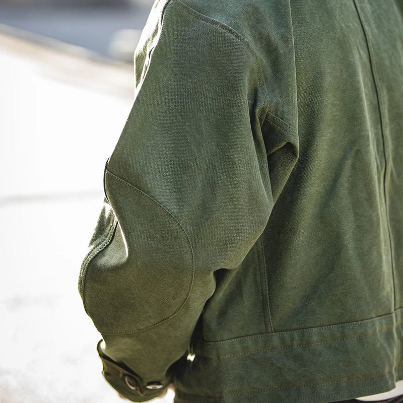 Maden Retro 16oz Canvas Swedish Motorcycle Green Jacket Pocket Bomber Jacket Casual Hunting Work Outwear for Men Spring and Fall