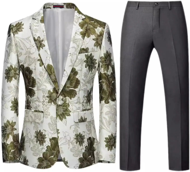 2026 Men's Two-Piece Set, Wedding Party Jacket and Trousers in Black with Red Flowers Jacquard Fabric Slim Fit Men Coat & Pants.