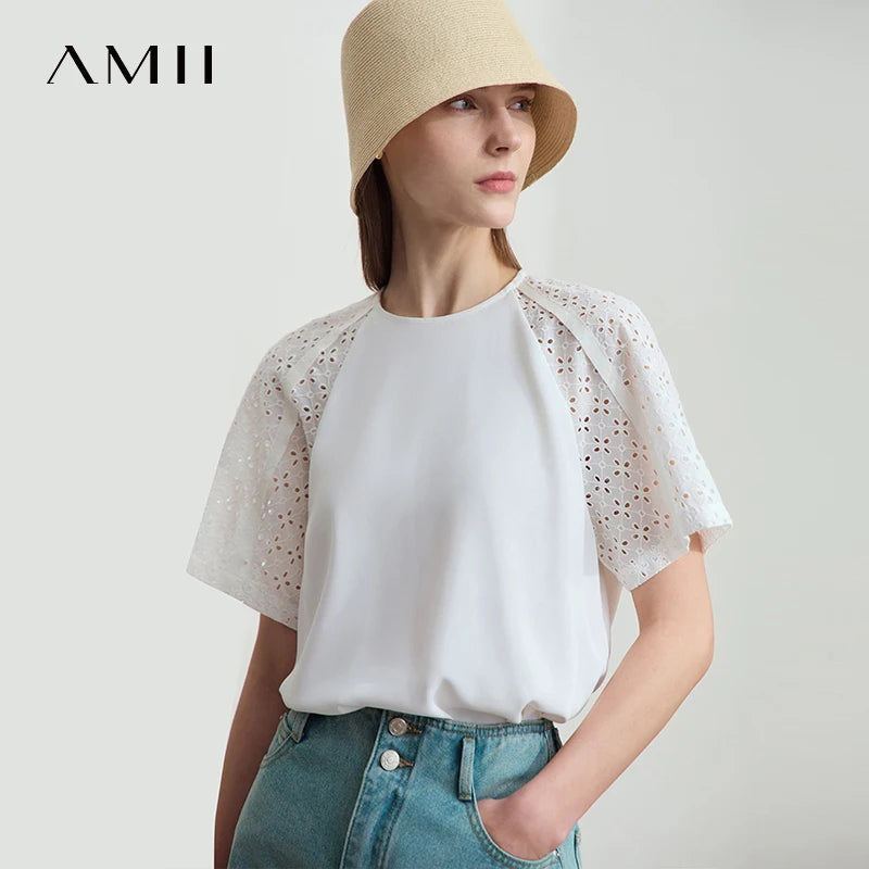 Amii Women's Tops 2026 Summer Chiffon Blouse Loose Raglan Sleeves O-Neck Hollow Texture Block Patchwork Female T-Shirts 12542031
