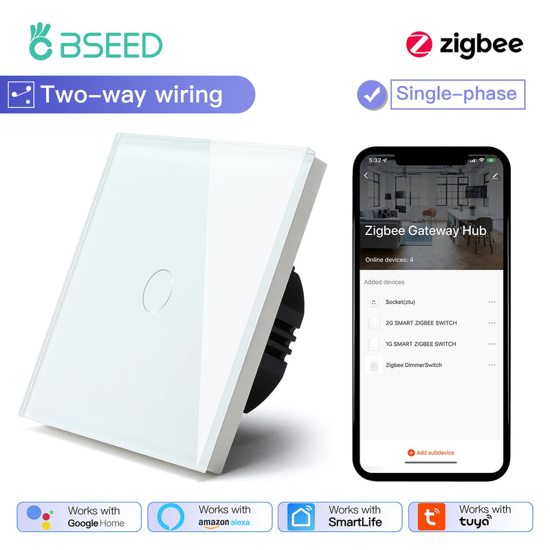 BSEED 1/2/3Gang Smart Zigbee Touch Light Switch 2-Way Control Compatible with Alexa/Google Home No Neutral Wire Touch Switch