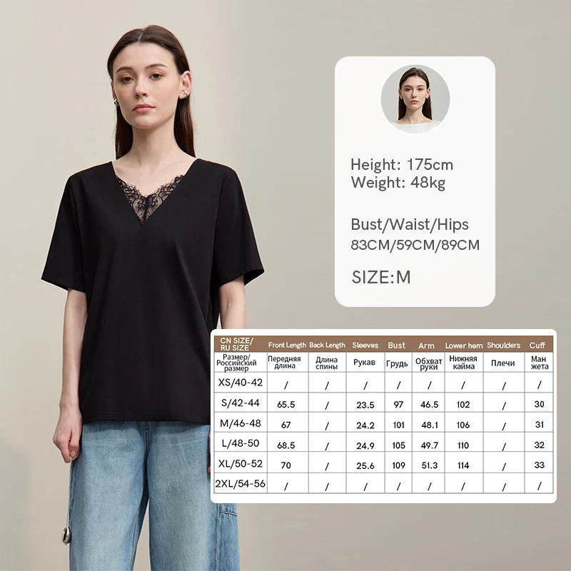 Amii Women's T-Shirt 2026 Summer New Lace V Neck Cutout Back Cotton Tee Stretch Short Sleeve Loose Women's Tee Shirt 12622096
