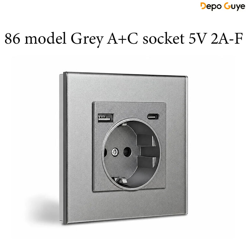 EU Standard 86x86mm Tempered Glass Wall Socket 16A Power Outlet with 5V 2A USB Type C or Dual USB for Home Hotel Office