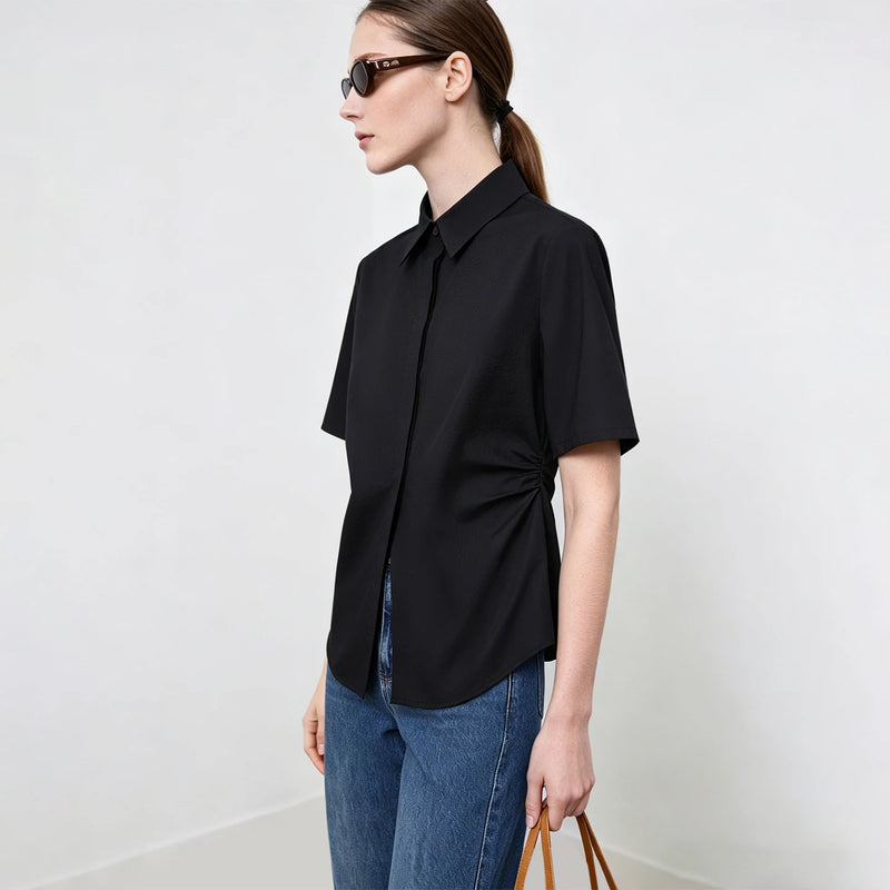 Amii Women's Shirt 2026 Summer New Lapel Collar Half Sleeve Cotton Blouse Fitted Waist Shirred Simple Solid Office Top 12622215
