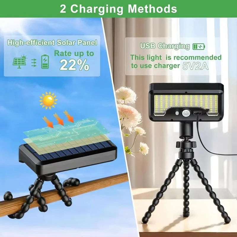 ភ្លើងជញ្ជាំងសូឡាប្រភេទ Tripod Octopus ចំនួន 92 អំពូល LED ដំណើរការដោយ USB អាចលៃតម្រូវមុំបាន ឧបករណ៍ចាប់សញ្ញាចលនា ភ្លើងផ្លូវសូឡា សម្រាប់បំភ្លឺសួនច្បារ ទីធ្លា