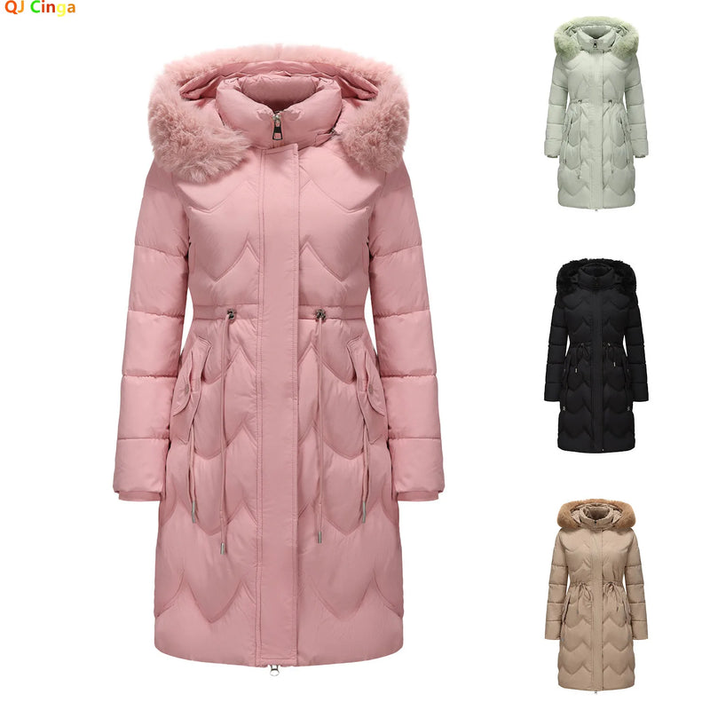 Women's Pink Commuter-Style Hooded Long Coat, Light Green Parkas, Black Thermal Jacket with Drawstring At The Waist Overcoat.