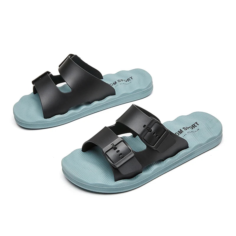 Men's Adjustable Double Buckle Slide Sandals EVA Comfort Flat Slides Non Slip Casual Slippers for Indoor Outdoor Beach Shower