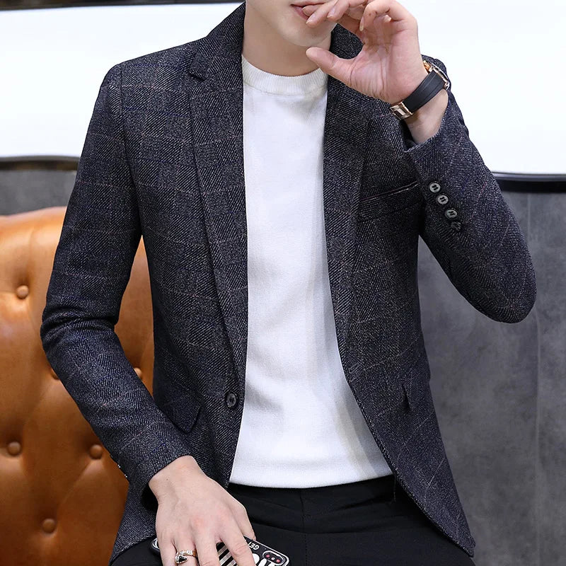 Men's Blue Striped Blazer in Asian Sizes,Gray Single-button V-neck Jacket, Slim-fit Tops for Weddings,Parties, The Office, Wear.