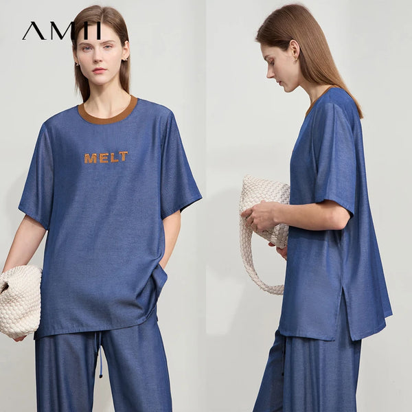 អាវយឺត Amii Minimalist សម្រាប់នារី រដូវក្តៅ ឆ្នាំ២០២៦ ថ្មី ប៉ាក់អក្សរ TR Denim រលុង អាវការិយាល័យ ស្លីម ពណ៌ចម្រុះ លេខ ១២៥២២០១៧