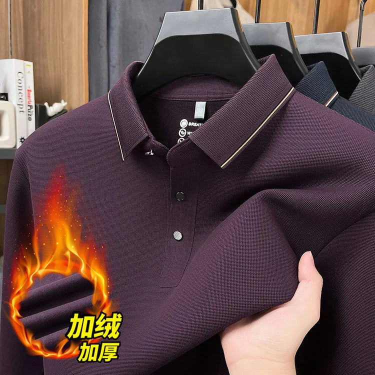 Men's Fleece-Lined Waffle Knit Polo, Vertical Stripe Collar Seamless Design, Anti-Wrinkle Technology
