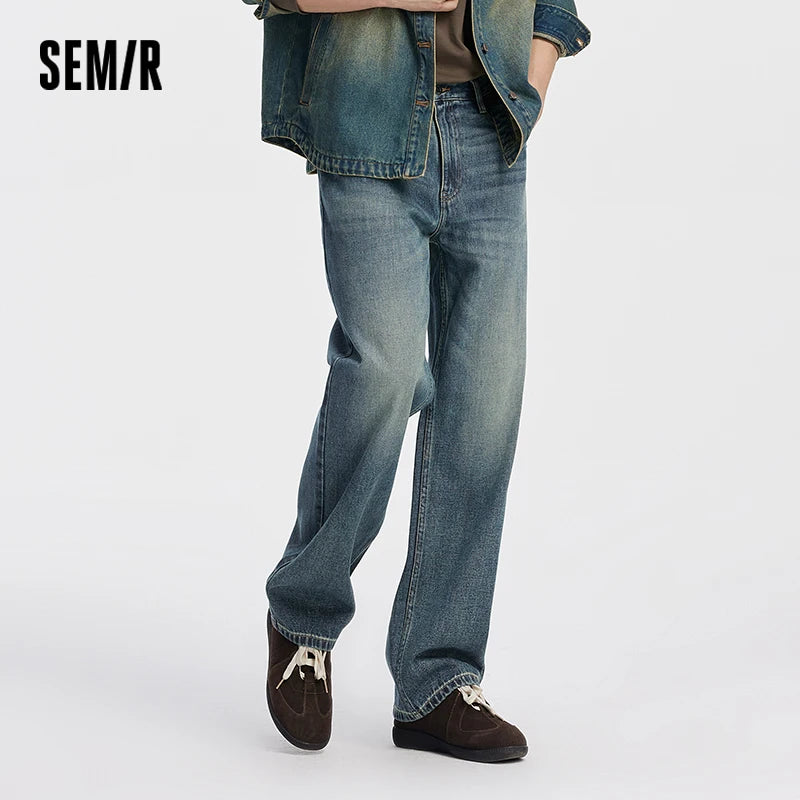 Semir Men Jeans Retro Washed Loose Straight 2026 Autumn Soft Durable Denim Pants Casual Commute Everyday Style Daily Wear