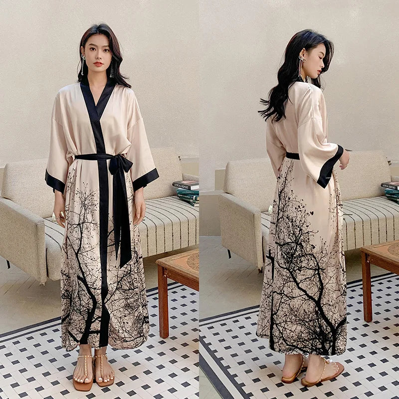 Women Ice Silk Rayon Home Dress Black Print Flower Long Robe Nightgown Spring Summer Half Sleeve Kimono Bathrobe Gown