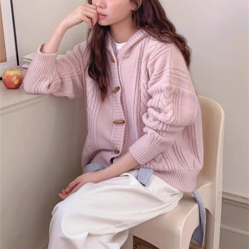 Spring Autumn Clothes Woman Hooded Buttons Knitwear Top Woolen Women's Sweater Jacket Knitting Female Cardigan Coat