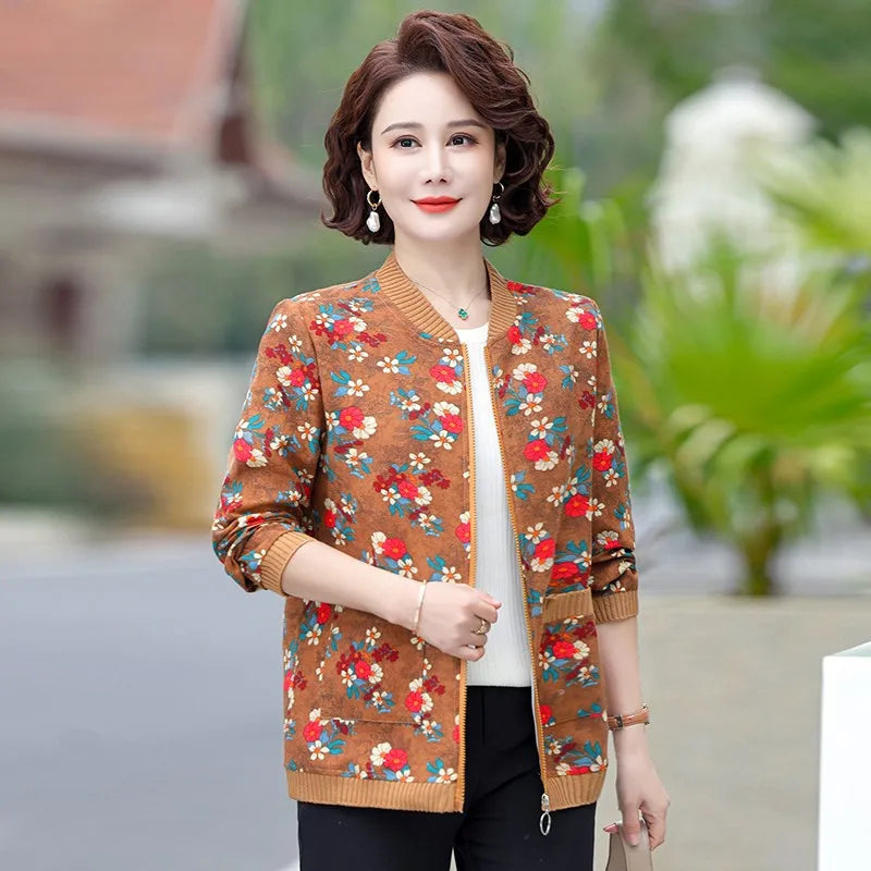 អាវបេស្បលសម្រាប់ស្ត្រីនិទាឃរដូវរដូវស្លឹកឈើជ្រុះថ្មី អាវម្តាយ សម្លៀកបំពាក់ស្ត្រីវ័យកណ្តាល ម៉ូដបោះពុម្ព អាវក្រៅសម្រាប់ស្ត្រីលំហែកាយ