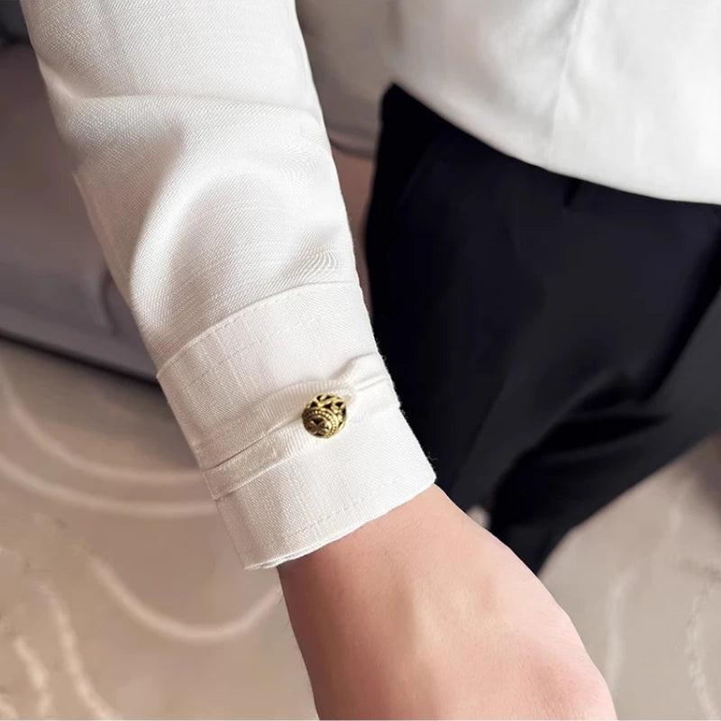 Men's Long-sleeve Slim-fit Stand Collar Shirt, Zhongshan Suit Style, Solid Color Shirt, Chinese Style Slim-fit Shirt.