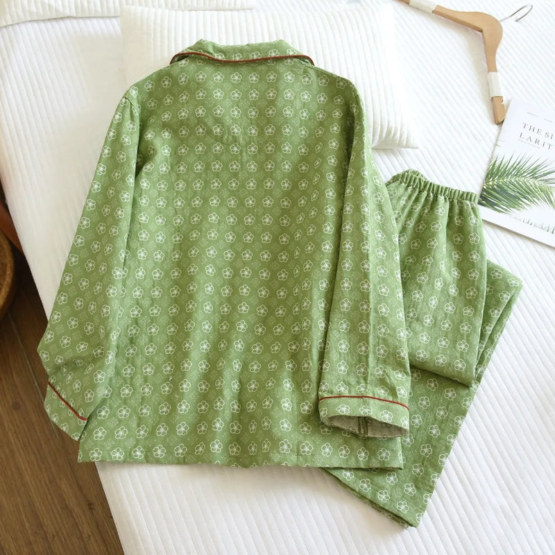 Spring Autumn Long-sleeved Home Suit Pjs Woman Set Lapel Pajamas Sleepwear Women's Cotton Floral Night Wear for Ladies Pijama