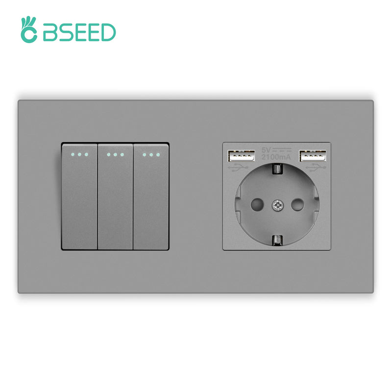 BSEED Mechanical Button Switches With Power Socket 1/2/3Gang 1Way Plastic Panel Electrical Outlets USB Type-C Wall Socket 16A