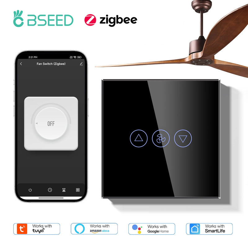 BSEED Zigbee Fans Switches Smart Wall Touch  Speed Control Switch With EU Socket Support Tuya Smart Life Alexa Voice Control