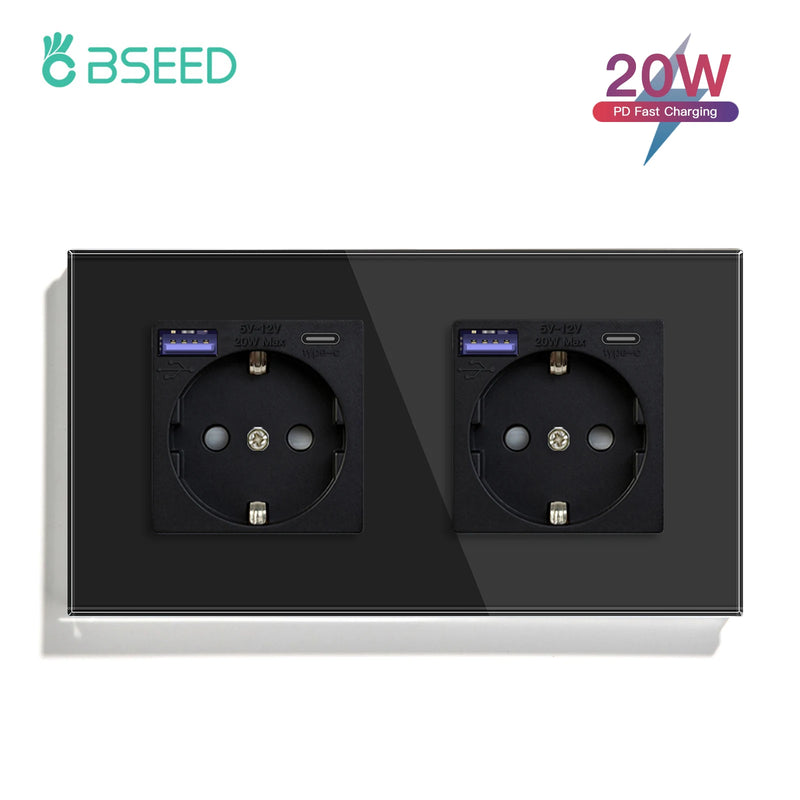BSEED EU Standard Wall Power Sockets Type-C Interface Outlet USB Fast Charge Port 20W Glass Panel Kids Protection 16A