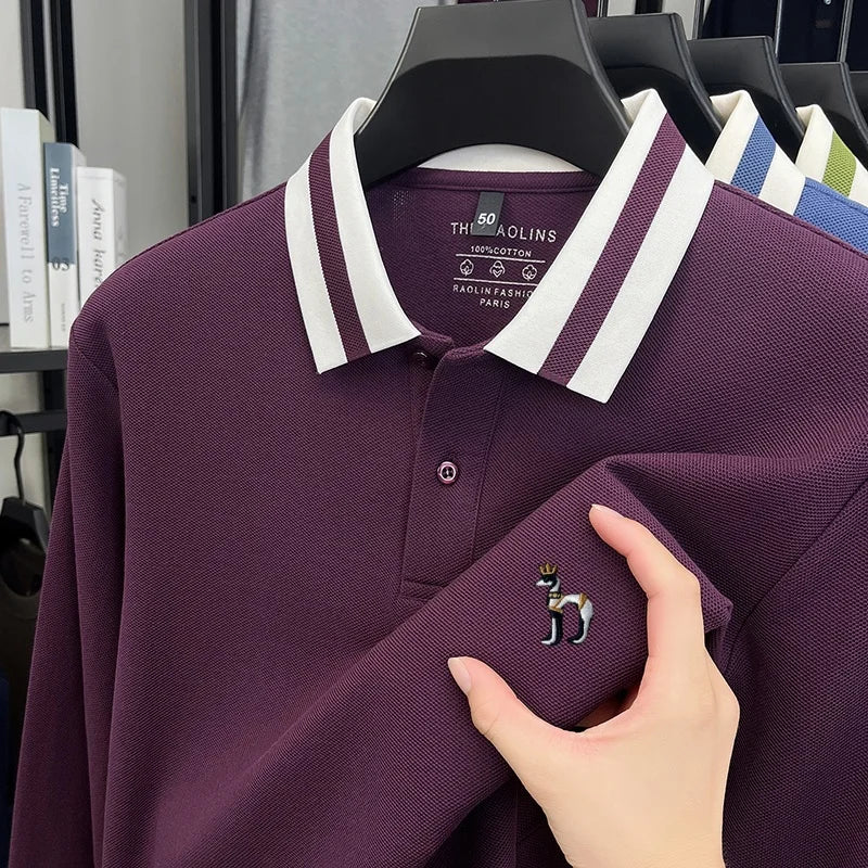 100%cotton Luxury Man Long-Sleeved Polo Shirt Button Lapel Dog Embroidery British Style Spring New Long Sleeves Leisure MensWear