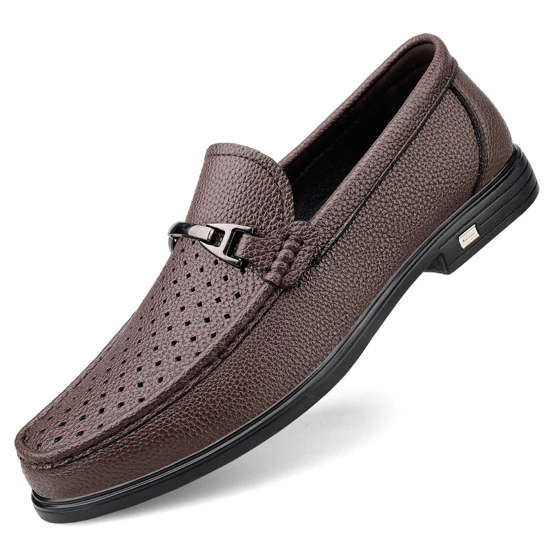 Men Hollow‑out Loafers Thin Leather Slip‑on Dress Shoes Breathable Moccasins Metal Decoration Casual Business Driving Shoes