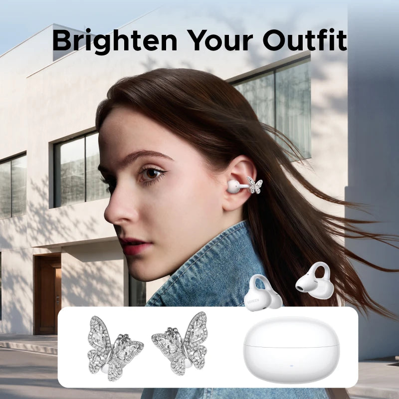 UGREEN Jewelry-Inspired Full Diamond Butterfly Clip On Earbuds, Open Ear Wireless Bluetooth Ear Cuff Headphones for Women, Bling