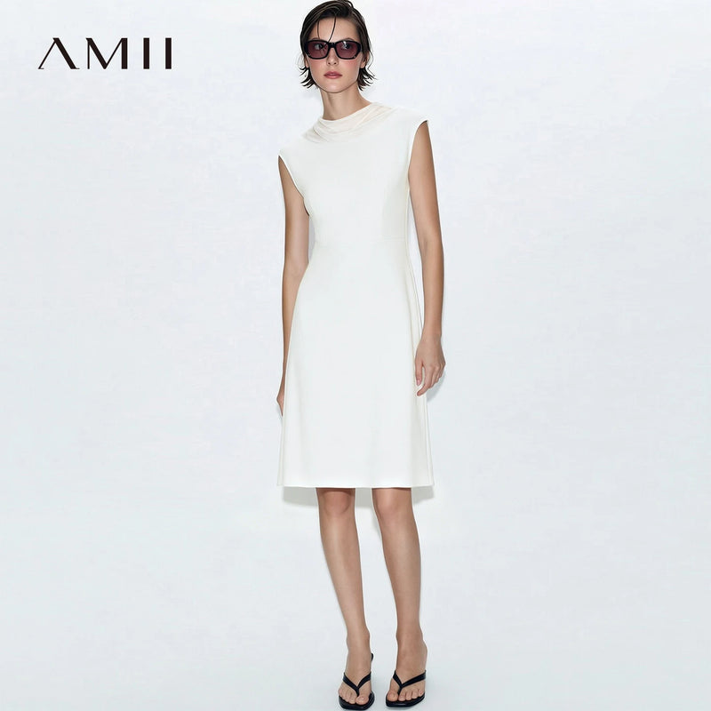 Amii Women's Dress 2026 Summer New Mesh Cowl Neck Cap Sleeve Office Casual Fitted Waist Stretch Knit Midi Dress Women 12642197