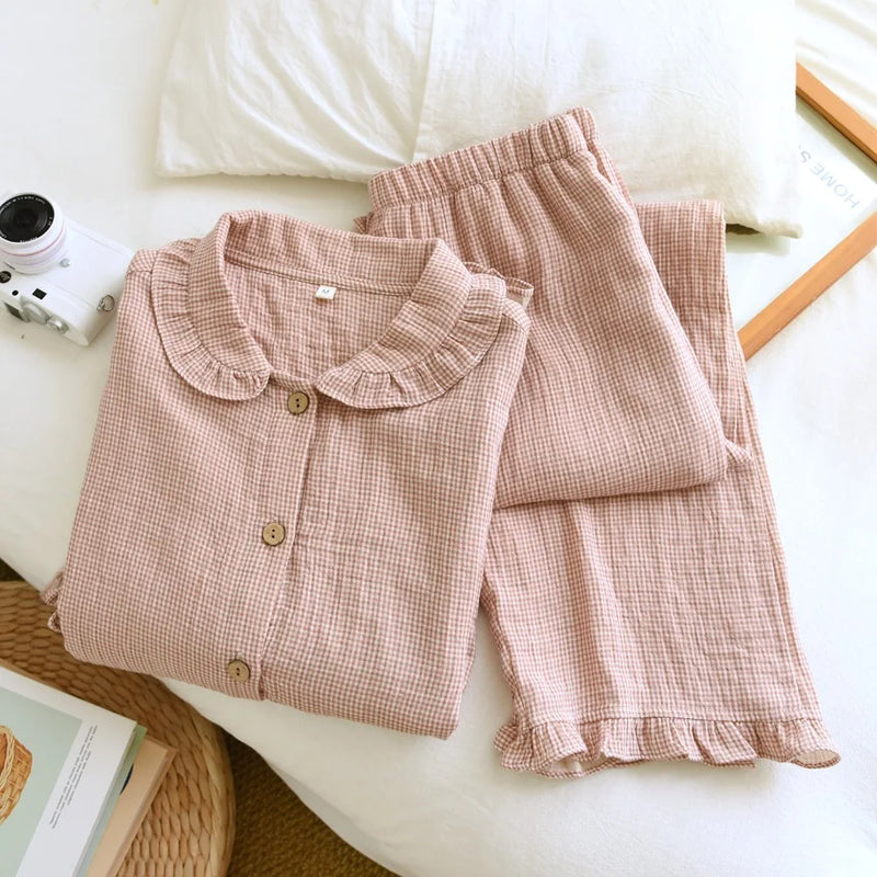 Pure Cotton Plaid Long-Sleeved Pyjamas Women's Loungewear Suit Spring Autumn Home Clothes Comfortable Sleepwear Soft Pajamas