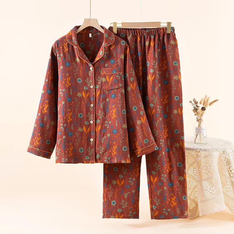 Floral Nightwear for Women Pajama Pure Cotton Sleepwear for Spring and Autumn Long Sleeve Two Piece Home Clothes Pyjama Femme